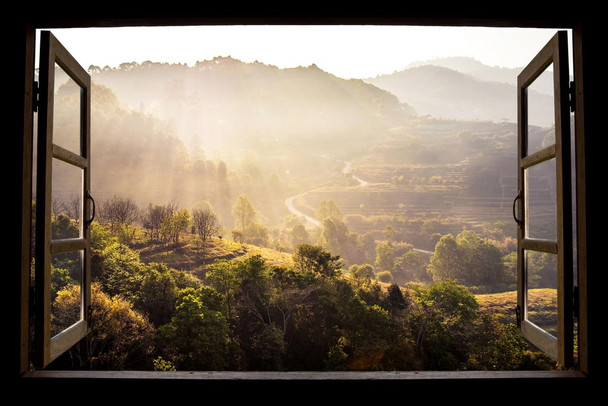 Laminated Window View Nature Wonderful Landscape Mountain View Rice Paddy Terraces Thailand Poster Dry Erase Sign 16x24