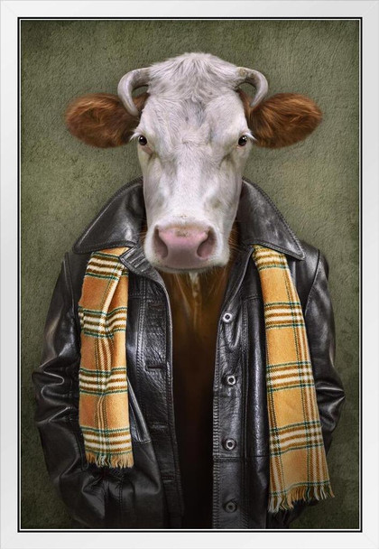 Cow Leather Jacket Head Wearing Human Clothes Funny Parody Animal Face Portrait Art Photo White Wood Framed Poster 14x20