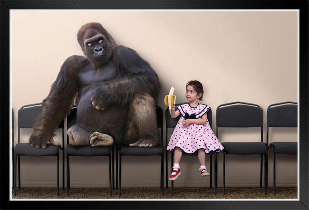 Little Girl Offering Banana to Gorilla Pictures Of Gorillas Poster Primate Poster Gorilla Picture Paintings For Living Room Decor Nature Wildlife Art Print White Wood Framed Poster 20x14