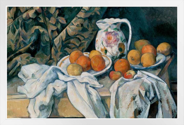 Cezanne Still Life with a Curtain Impressionist Posters Paul Cezanne Art Prints Nature Landscape Painting Fruit Wall Art French Artist Wall Decor Romantic Art White Wood Framed Poster 20x14