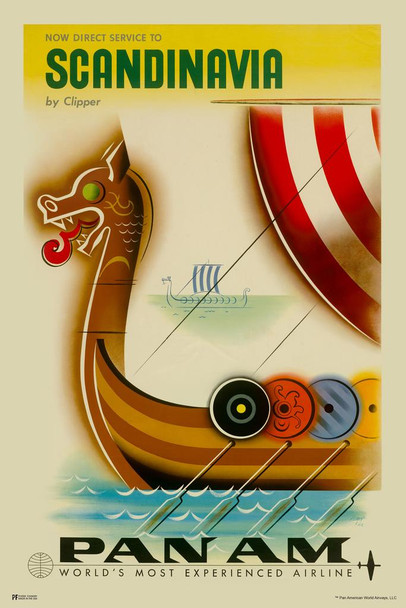 Laminated Scandinavia Viking Ship Boat Pan Am Logo American Vintage Travel Ad Airline Airport American Plane Flying Poster Dry Erase Wall Art 24x36