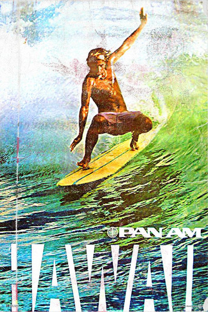 Hawaii Surfing Surf Ocean Wave Surfer Tropical Paradise Island Palm Tree Pan Am Logo American Vintage Travel Ad Airline Airport American Plane Flying Cool Wall Decor Art Print Poster 24x36