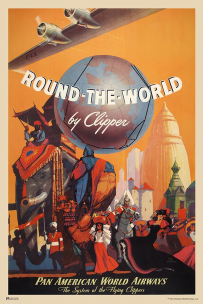 Laminated International Global Clipper Round World Earth Pan Am Logo American Vintage Travel Ad Airline Airport American Plane Flying Poster Dry Erase Sign 16x24