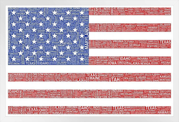 US American Flag Wall Poster United States State American Flag Classy Cool Aesthetic Modern Wall Decor Art Graphic Print Canvas Picture Photograph Home Room White Wood Framed Poster 14x20