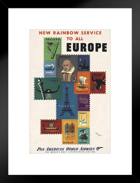 Europe Travel Stamp European Pan Am Logo American Vintage Travel Ad Airline Airport American Airplane Plane Flying Matted Framed Wall Decor Art Print 20x26