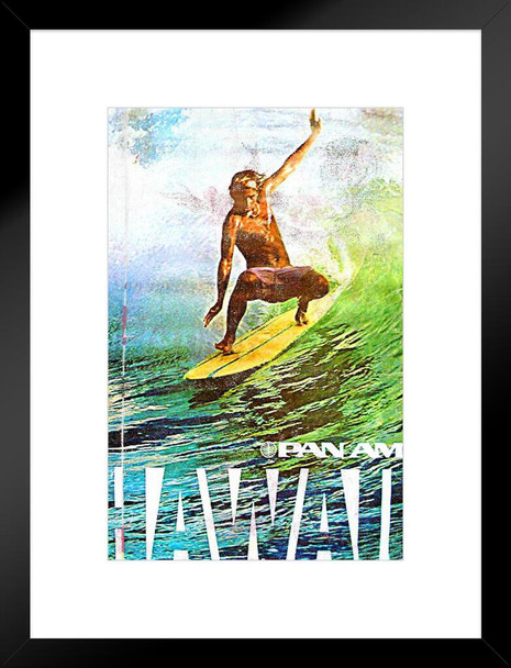 Hawaii Surfing Surf Ocean Wave Surfer Tropical Paradise Island Palm Tree Pan Am Logo American Vintage Travel Ad Airline Airport American Plane Flying Matted Framed Wall Decor Art Print 20x26