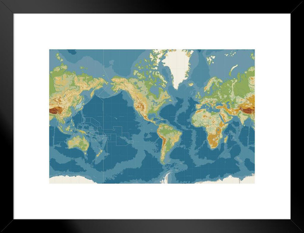 World Map Americas Centered Physical Elevations Map Travel World Map with Cities in Detail Map Posters for Wall Map Art Wall Decor Geographical Illustration Matted Framed Wall Decor Art Print 26x20