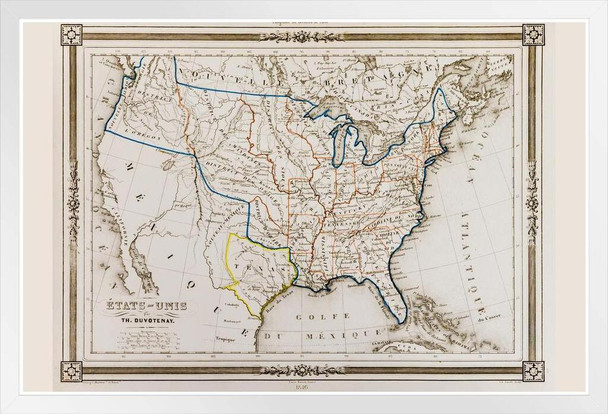 Republic of Texas 1846 Antique Map of United States of America Vintage Travel Texan Altas White Wood Framed Poster 14x20