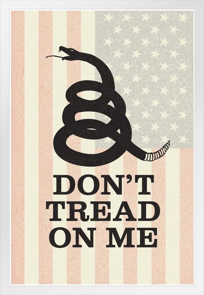 Gadsden Flag Dont Tread On Me Rattlesnake Coiled To Strike Old Glory Faded Textured White Wood Framed Poster 14x20