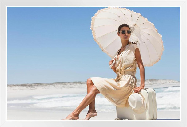 Beautiful Woman Sitting on Suitcase with Umbrella Photo Photograph White Wood Framed Poster 20x14