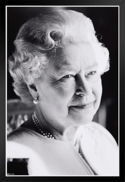 Queen Elizabeth II Black White Face British Royal Queen Mum Buckingham Palace Monarch Portrait Photo Black Wood Framed Art Poster 14x20