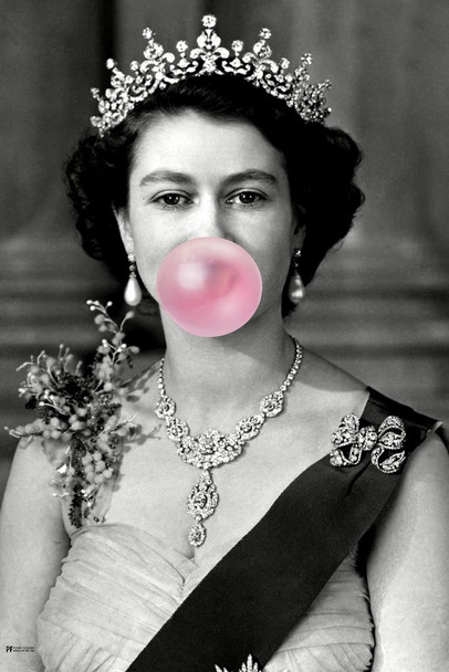 Laminated Queen Elizabeth II Vintage Photo Bubble Gum Blowing Funny British Royal Portrait Her Majesty Wearing Crown Black White Poster Dry Erase Sign 16x24