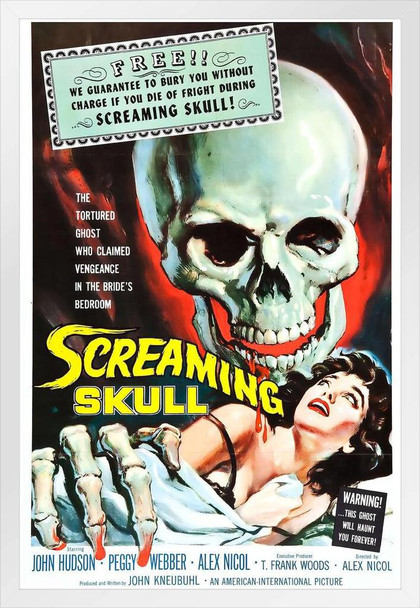 The Screaming Skull Retro Vintage Horror Movie Merchandise Spooky Halloween Decorations Halloween Decor Skeleton Pulp Horror Kitsch Theater Creepy 1958 White Wood Framed Poster 14x20