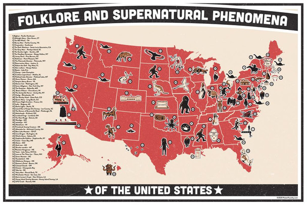 Folklore and Supernatural Phenomena Of The United States Map Chart Bigfoot Spooky Urban Legends Myths Ghosts Monsters Cryptids Stretched Canvas Art Wall Decor 16x24