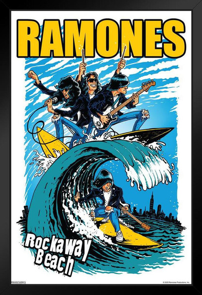 The Ramones Rockaway Beach Band Cartoon Retro Vintage Classic Punk Rock Music Black Wood Framed Poster 12x18