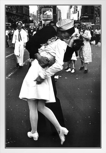 Times Square The Kiss on VJ Day Sailor Kissing Woman 1945 Photo Photograph Black White Celebration New York City NYC White Wood Framed Art Poster 14x20