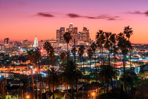 Laminated Los Angeles California Skyline at Sunset Palm Trees LAX SoCal City Orange Sky Photo Beach Landscape Pictures Ocean Scenic Tropical Nature Paradise Poster Dry Erase Sign 18x12