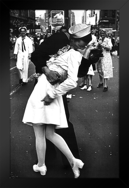 Times Square The Kiss on VJ Day Sailor Kissing Woman 1945 Photo Photograph Black White Celebration New York City NYC Black Wood Framed Art Poster 14x20
