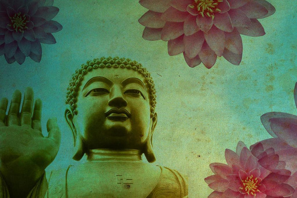 Buddha with Lotus Flowers Photo Photograph Cool Wall Decor Art Print Poster 36x24