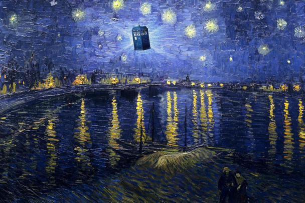 Funny  Starry Night Van Gogh Flying Police Box Poster Starry Night Over Rhone Parody Humor Cool Wall Decor Art Print Poster 36x24