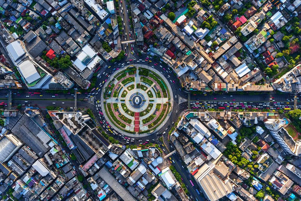 Laminated Overhead Road Roundabout City Town Cars BangkokThailand Poster Dry Erase Wall Art 24x36