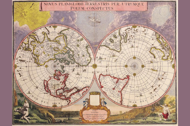 Laminated World Map Antique Vintage Azimuthal Equidistant Projection Cartographic Poster Dry Erase Wall Art 24x36