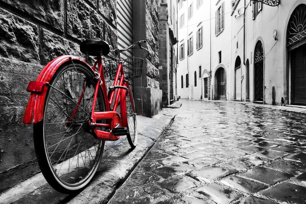 Laminated Retro vintage red bike on cobblestone street in the old town. Color in black and white Poster Dry Erase Wall Art 24x36