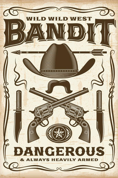 Laminated Vintage Wild West Bandit Poster Dry Erase Sign 24x36