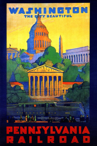 Laminated Washington DC City Beautiful Nations Capital Landmarks Memorials White House Pennsylvania Railroad Vintage Travel Poster Dry Erase Wall Art 24x36