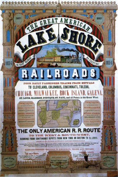 Laminated Great American Lake Shore Railroads 1855 Vintage Illustration Travel Art Deco Vintage French Wall Art Nouveau French Advertising Vintage Poster Prints Poster Dry Erase Wall Art 24x36