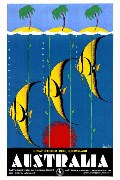 Laminated Australia Tourism Queensland Great Barrier Reef Angel Fish Vintage Travel Poster Dry Erase Wall Art 24x36