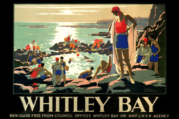 Laminated Whitley Bay England Summer Beach Vacation Ocean Vintage Illustration Travel Poster Dry Erase Wall Art 24x36