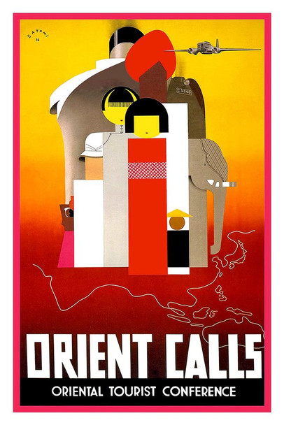 Laminated Orient Calls Oriental Tourist Conference Airplane Airlines Asia Vintage Travel Poster Dry Erase Wall Art 24x36