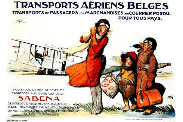 Laminated Transports Aeriens Belges Airplane France Belgium Vintage Illustration Travel Poster Dry Erase Sign 24x36