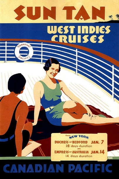 Laminated Canadian Pacific Steamship Ocean Liner Cruise Ship Sun Tan West Indies Cruises Vintage Ad Poster Dry Erase Sign 24x36
