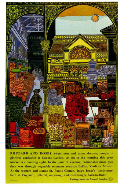 Laminated Rhubarb and Roses Convent Garden London England Farmers Market Fruits Vegetables 1965 Vintage Illustration Travel Poster Dry Erase Wall Art 24x36