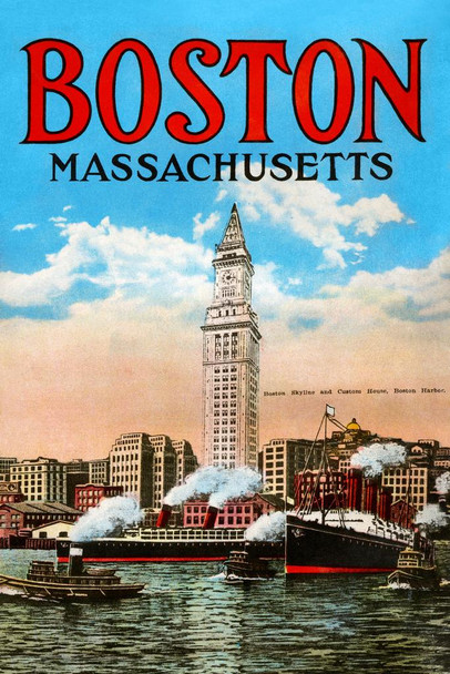 Boston Massachusetts Custom House Downtown City Skyline Boats Ships Vintage Travel Ad Advertisement Cool Wall Decor Art Print Poster 24x36