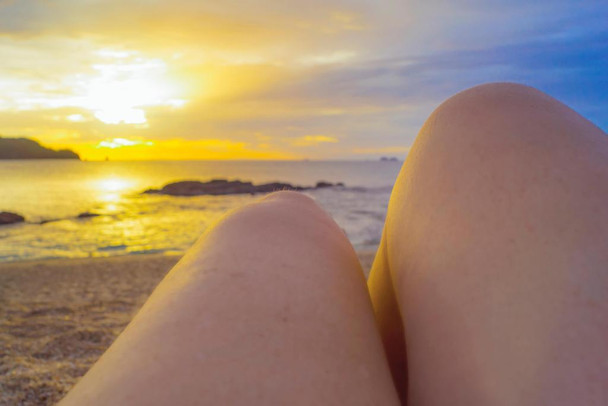 POV Woman Knees at Sunset on the Beach Photo Photograph Cool Wall Decor Art Print Poster 36x24