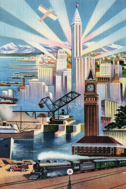 Laminated Seattle City Downtown Skyline Art Deco Train Railroad Industrial Revolution Tourist Tourism Vintage Travel Ad Advertisement Poster Dry Erase Wall Art 24x36