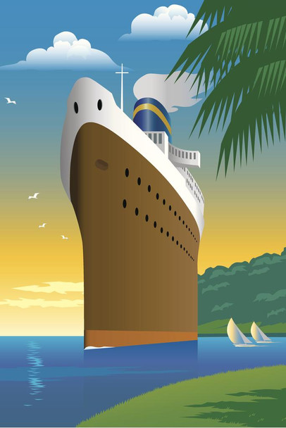 Cruise Ship Ocean Liner Vintage Travel Illustration Tropical Beach Cool Huge Large Giant Poster Art 36x54