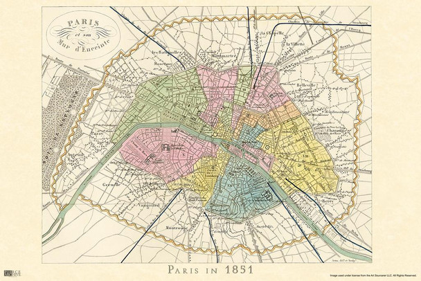 Laminated Paris France 1851 French Map City Streets Districts Tourist Tourism Vintage Travel Ad Advertisement Poster Dry Erase Wall Art 36x24
