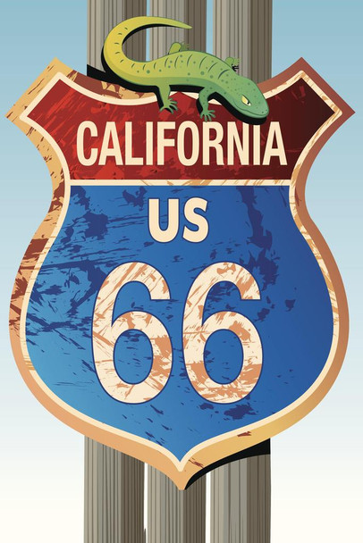 Retro California US Route 66 with Green Lizard Road Sign Cool Wall Decor Art Print Poster 24x36