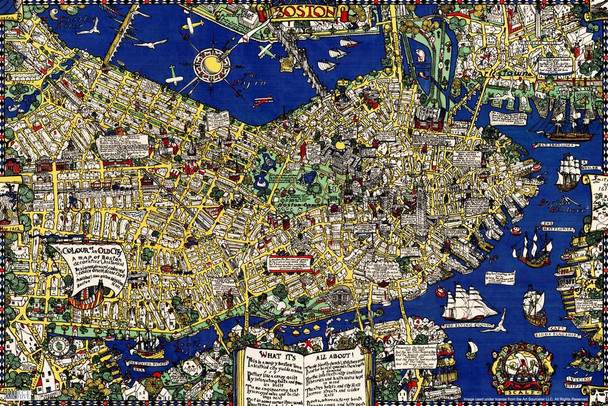 Boston Historical Illustration History Map Cool Huge Large Giant Poster Art 36x54
