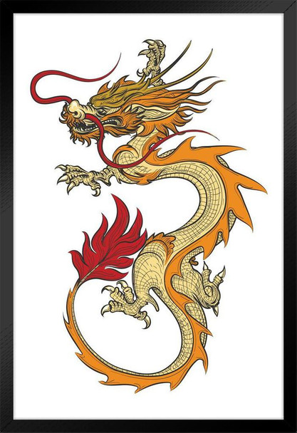 Asian Dragon Detailed Tattoo Style Illustration Design Poster Red Yellow Orange Magical Mystical Black Wood Framed Poster 14x20