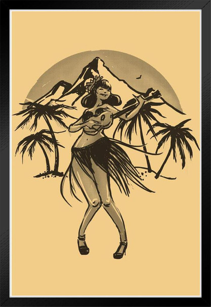 Hula Girl Dancer Dancing In Hawaii Volcano Palm Trees Retro Vintage Beach Sunset Landscape Pictures Ocean Scenic Scenery Tropical Nature Photography Paradise Black Wood Framed Poster 14x20