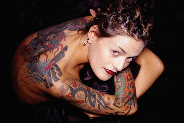 Hot Sexy Tattooed Brunette Woman Crouching Photo Photograph Cool Wall Decor Art Print Poster 36x24