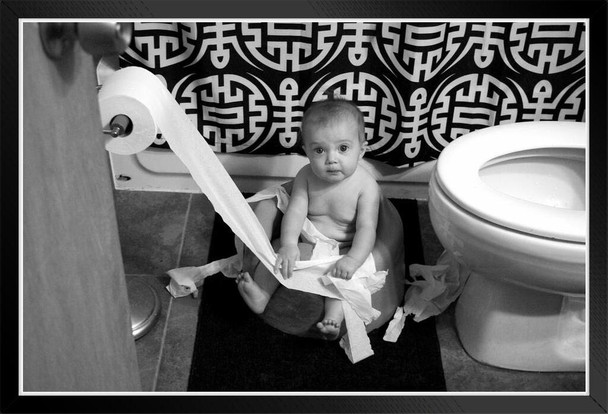 Bathroom Terror Baby Caught in the Act Playing with Toilet Paper Funny Photo Black Wood Framed Poster 14x20