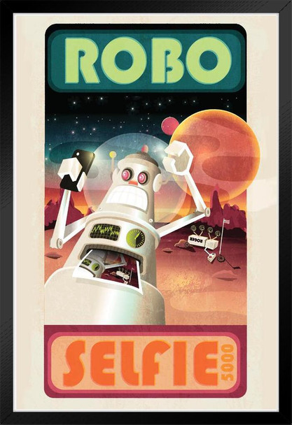 Robot selfie and mars or outerspace scene Black Wood Framed Poster 14x20