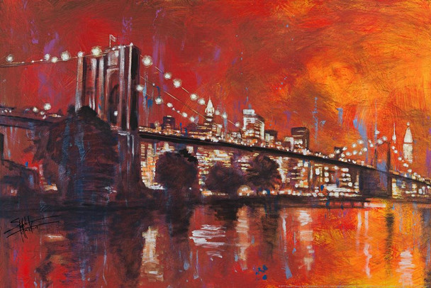 Brooklyn Bridge Fiery Painting by Stephen Fishwick Art Stretched Canvas Art Wall Decor 24x16