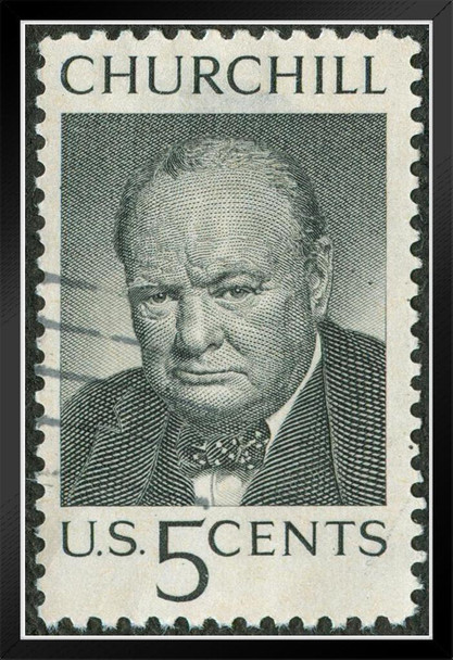 Winston Churchill Black and White Vintage Postage Stamp Black Wood Framed Poster 14x20